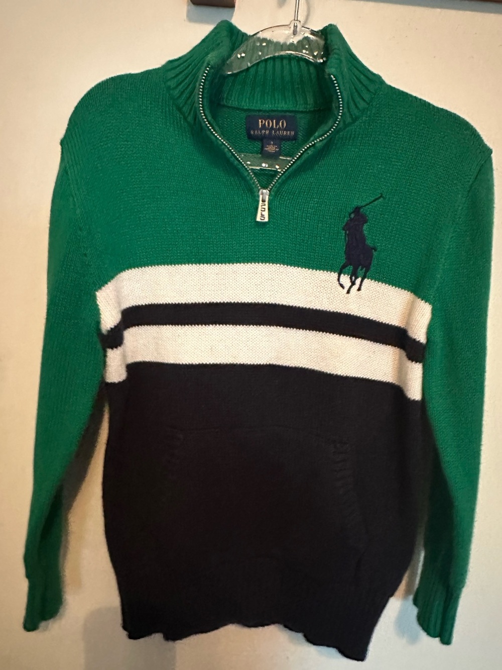 POLO Ralph Lauren Boys Big Pony Green Cream & Navy Color Block 1/4 Zip Sweater